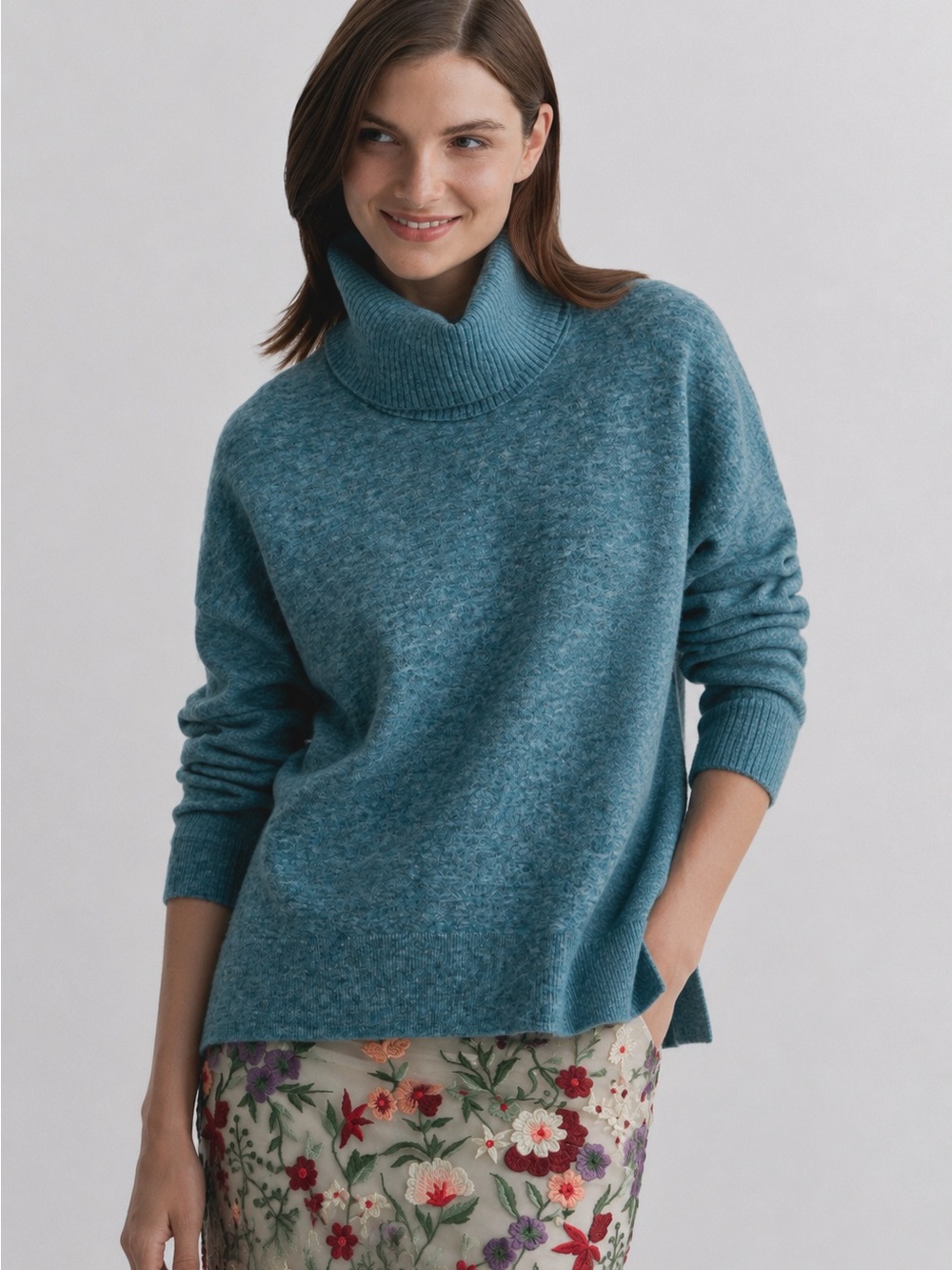 Max Studio 100% 2-Ply Cashmere Turtleneck Sweater Dusty Teal Women Size S